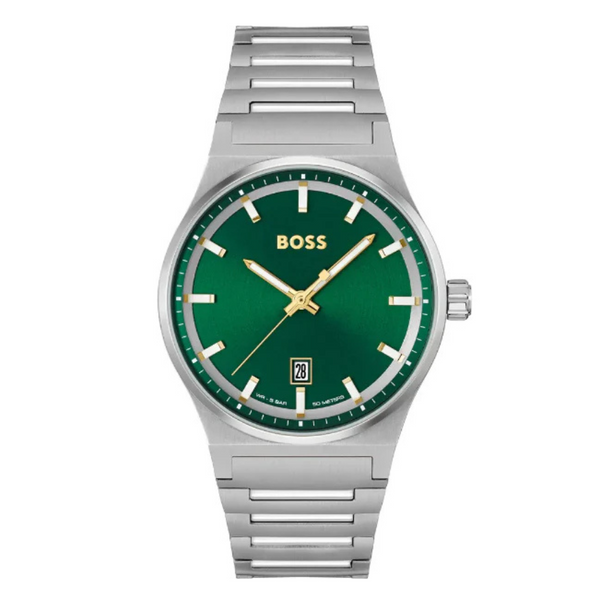 Hugo Boss Candor Silver Stainless Steel Green Dial Quartz Watch for Gents - Boss 1514079