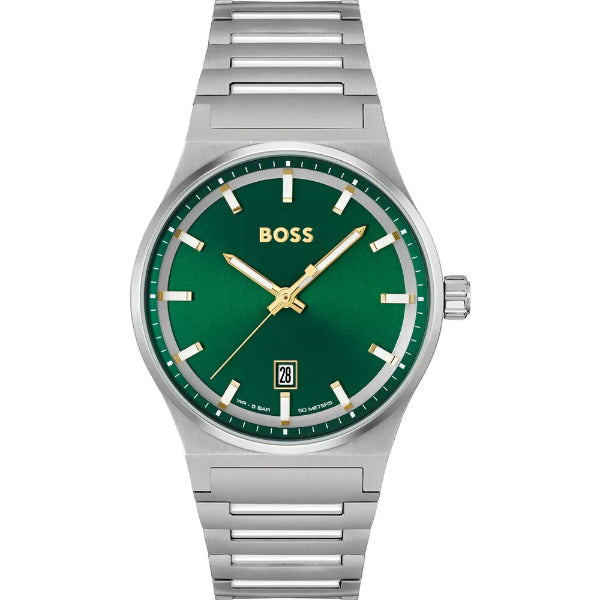 Hugo Boss Candor Silver Stainless Steel Green Dial Quartz Watch for Gents - Boss 1514079