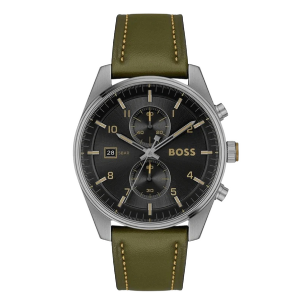 Hugo Boss Skytraveller Green Leather Strap Black Dial Chronograph Quartz Watch for Gents - Boss 1514148