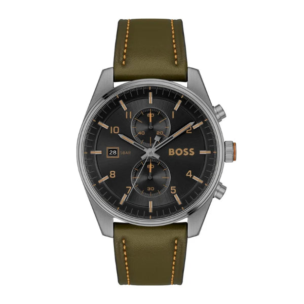 Hugo Boss Skytraveller Green Leather Strap Black Dial Chronograph Quartz Watch for Gents - Boss 1514148