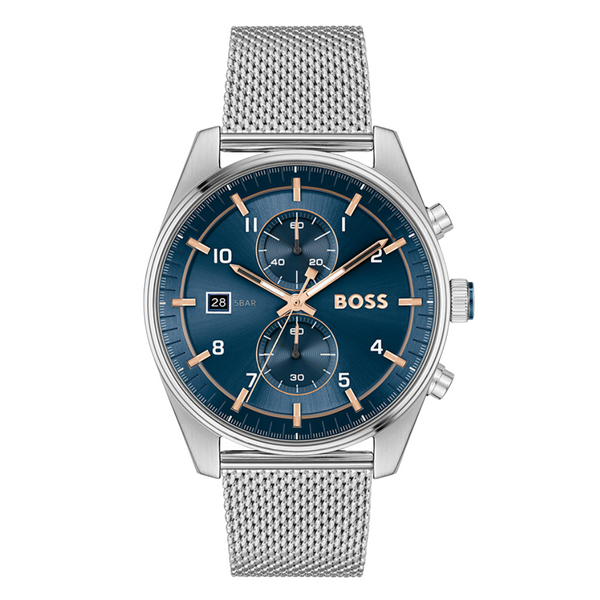 Hugo Boss Skytraveller Silver Mesh Bracelet Blue Dial Chronograph Quartz Watch for Gents - Boss 1514149