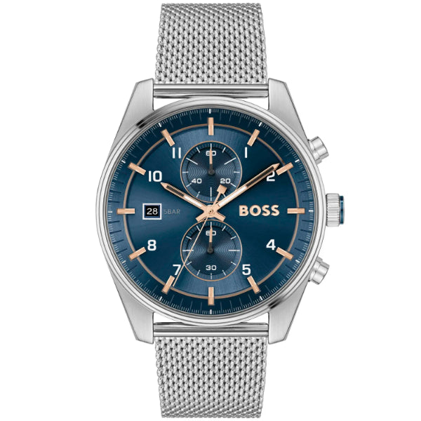 Hugo Boss Skytraveller Silver Mesh Bracelet Blue Dial Chronograph Quartz Watch for Gents - Boss 1514149