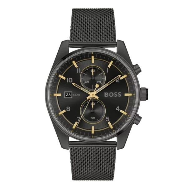 Hugo Boss Skytraveller Black Mesh Bracelet Black Dial Chronograph Quartz Watch for Gents - Boss 1514150