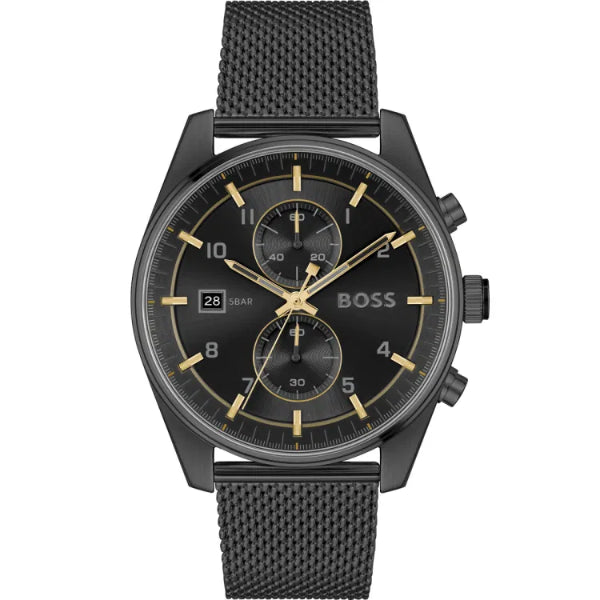 Hugo Boss Skytraveller Black Mesh Bracelet Black Dial Chronograph Quartz Watch for Gents - Boss 1514150