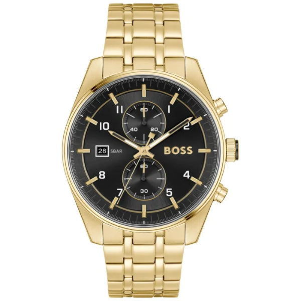 Hugo Boss Skytraveller Gold Stainless Steel Black Dial Chronograph Quartz Watch for Gents - Boss 1514152