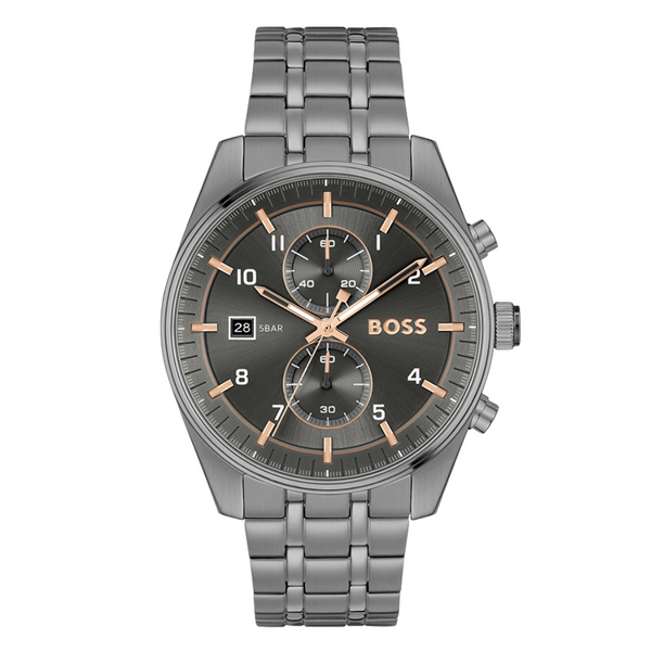 Hugo Boss Skytraveller Grey Stainless Steel Grey Dial Chronograph Quartz Watch for Gents - Boss 1514153