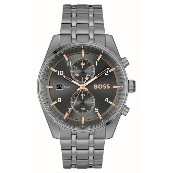 Hugo Boss Skytraveller Grey Stainless Steel Grey Dial Chronograph Quartz Watch for Gents - Boss 1514153