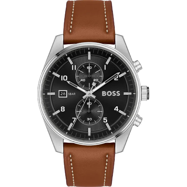 Hugo Boss Skytraveller Brown Leather Strap Black Dial Chronograph Quartz Watch for Gents - Boss 1514161