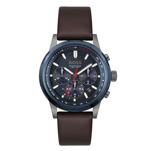 Hugo Boss Solgrade Brown Leather Strap Blue Dial Chronograph Quartz Watch for Gents - Boss 1514030
