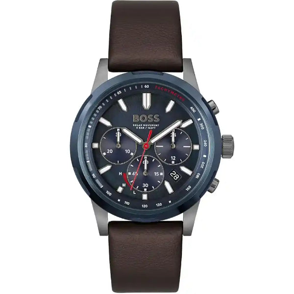 Hugo Boss Solgrade Brown Leather Strap Blue Dial Chronograph Quartz Watch for Gents - Boss 1514030