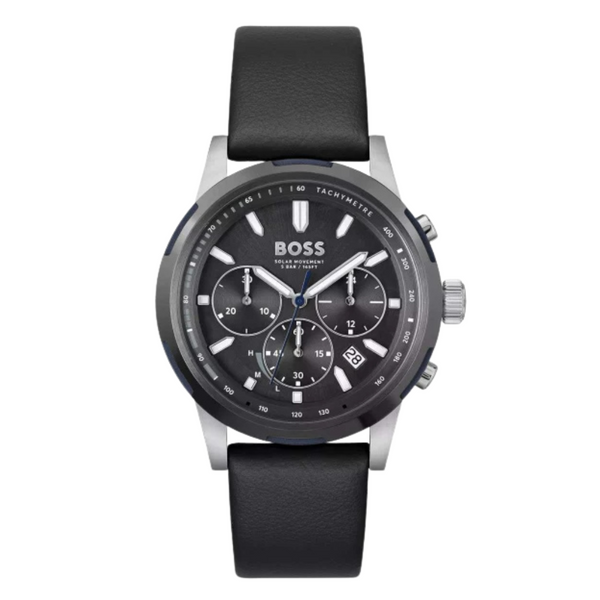 Hugo Boss Solgrade Black Leather Strap Black Dial Chronograph Quartz Watch for Gents - Boss 1514031