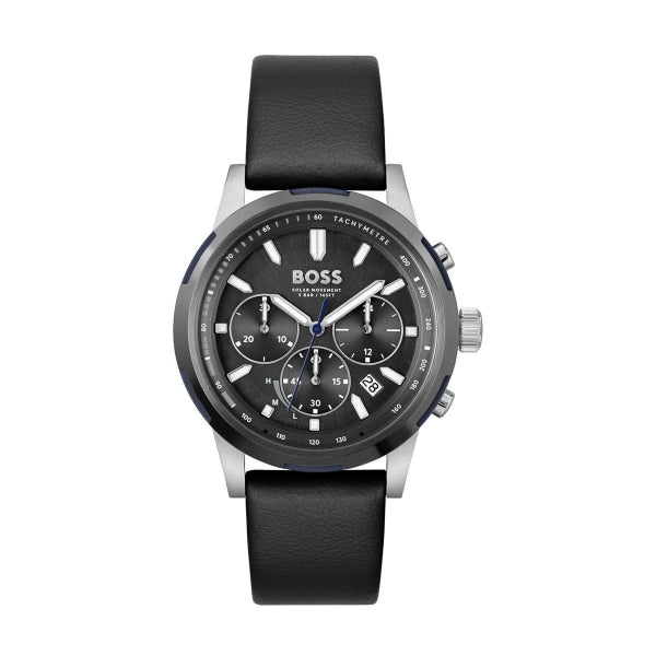 Hugo Boss Solgrade Black Leather Strap Black Dial Chronograph Quartz Watch for Gents - Boss 1514031