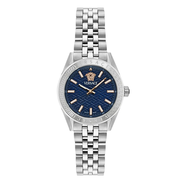 Versace V-Code Silver Stainless Steel Blue Dial Quartz Watch for Ladies - VE8I00324