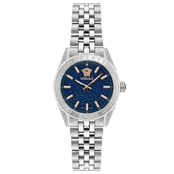 Versace V-Code Silver Stainless Steel Blue Dial Quartz Watch for Ladies - VE8I00324