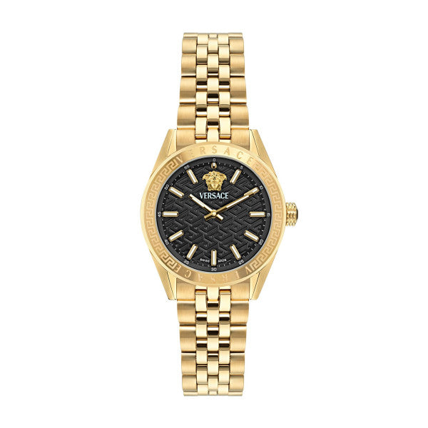 Versace V-Code Gold Stainless Steel Black Dial Quartz Watch for Ladies - VE8I00724