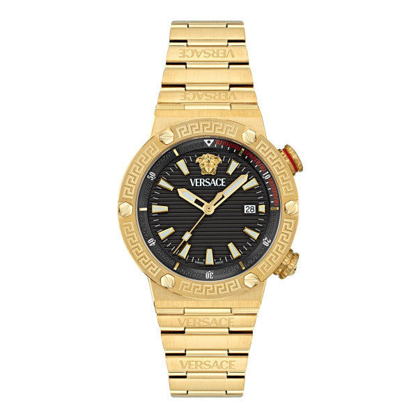 Versace Greca Logo Divers Gold Stainless Steel Black Dial Quartz Watch for Gents - VE8G00624