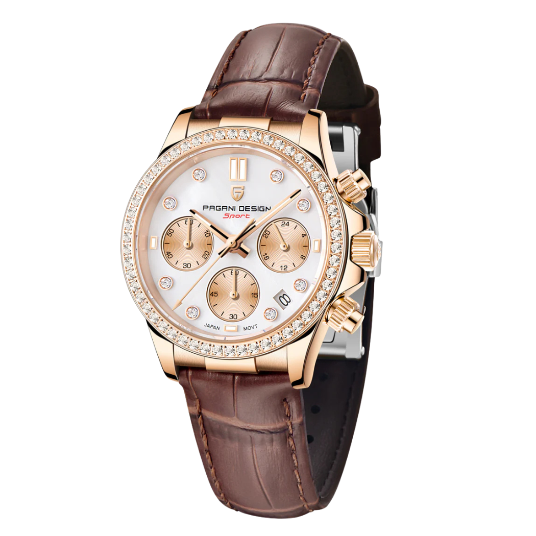 Pagani Design Brown Leather Strap White Dial Quartz Watch for Ladies ...