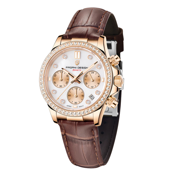 Pagani Design Brown Leather Strap White Dial Quartz Watch for Ladies - PD-1730