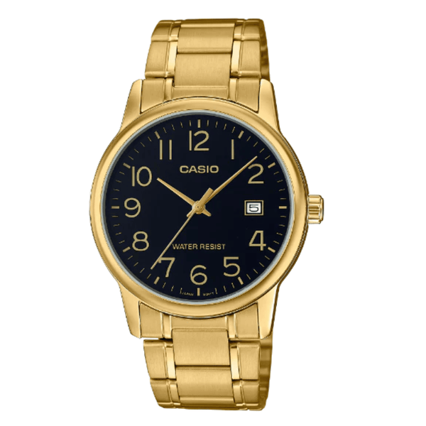 Casio Gold Stainless Steel Black Dial Quartz Watch for Gents - MTP-V002G-1BUDF