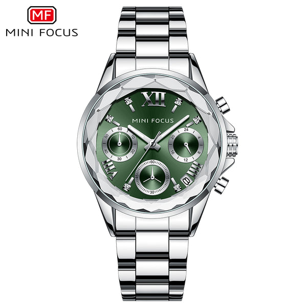 Mini Focus Silver Stainless Steel White Dial Chronograh Quartz Watch for Ladies - MF0466L-02