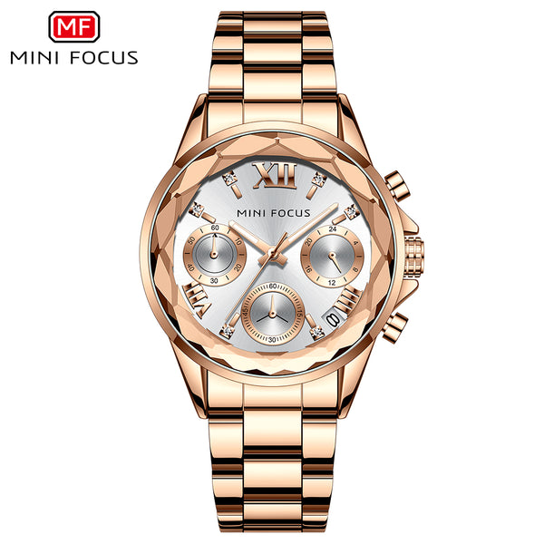 Mini Focus Rose Gold Stainless Steel Silver Dial Chronograh Quartz Watch for Ladies - MF0466L-03