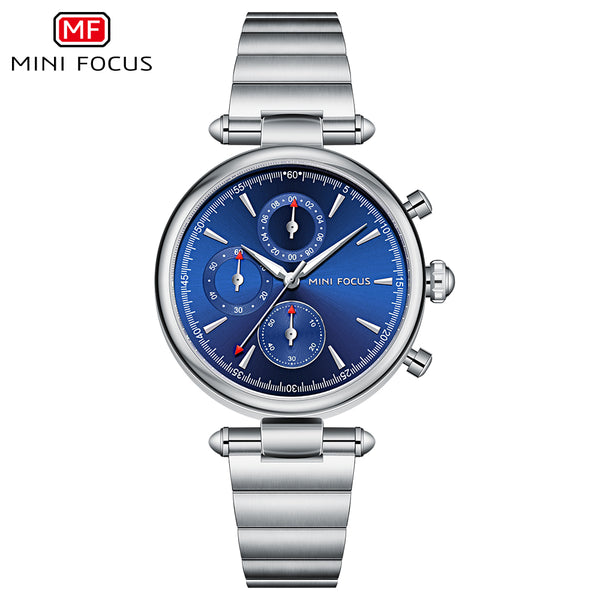 Mini Focus Silver Stainless Steel Blue Dial Chronograph Quartz Watch for Ladies - MF0494L-02