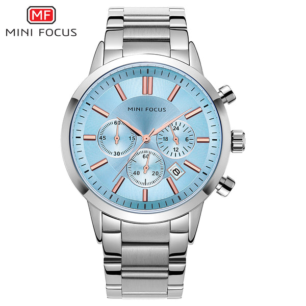 Mini Focus Silver Stainless Steel Tiffany Dial Chronograph Quartz Watch for Gents - MF0188G-07