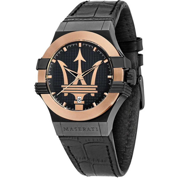 Maserati Potenza Black Leather Strap Black Dial Quartz Watch for Gents - R8851108032