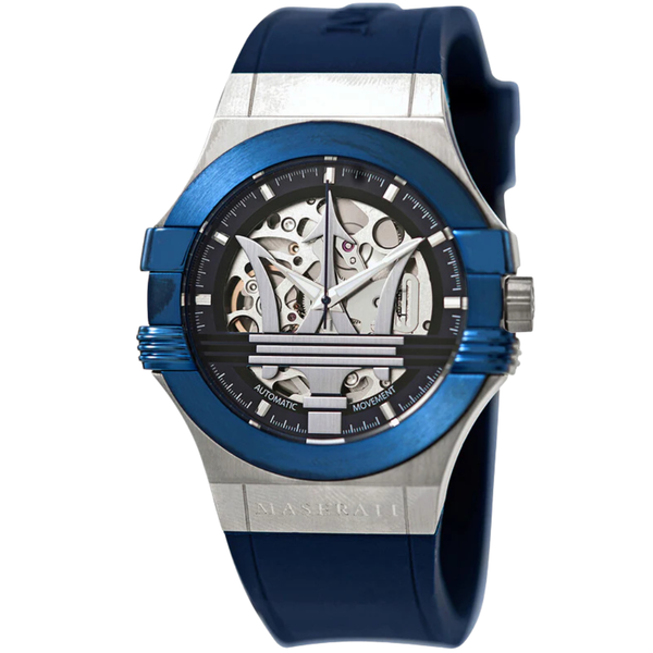 Maserati Potenza Blue Silicone Strap Silver Dial Automatic Watch for Gents - R8821108028