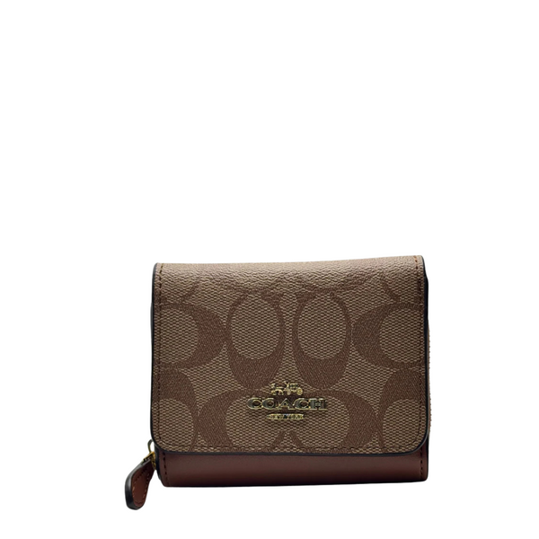 Coach Small Trifold Wallet In Signature Canvas Khaki Saddle - C7331