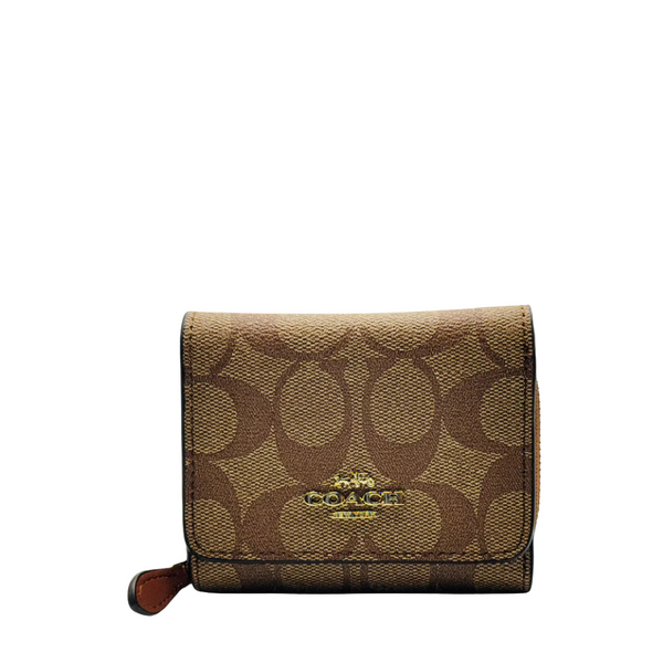 Coach Small Trifold Wallet in Signature Canvas Khaki Saddle - F41302