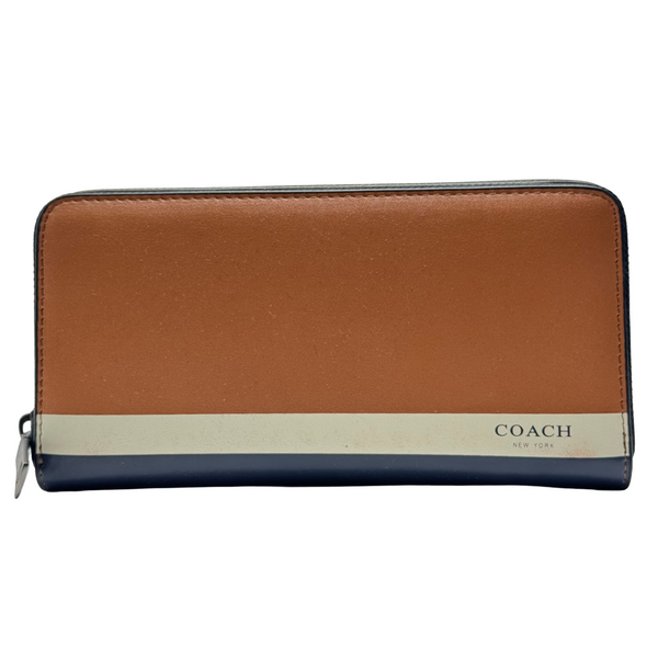 Coach Accordion Zip Wallet in Saddle Brown, Chalk, and Navy Leather - F75087