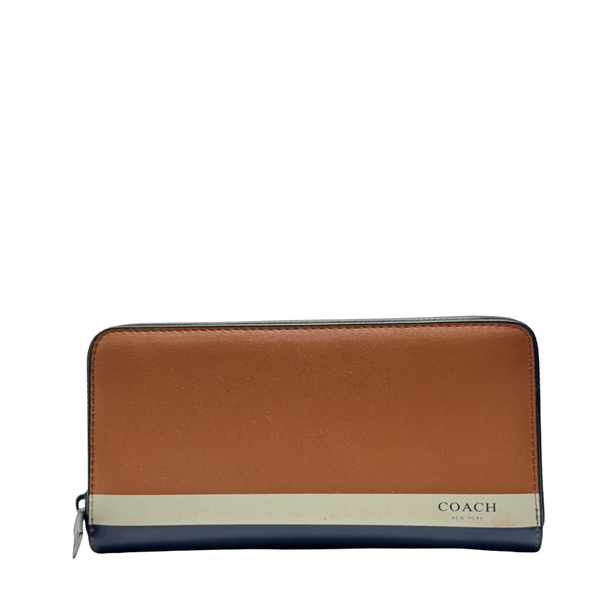 Coach Accordion Zip Wallet in Saddle Brown, Chalk, and Navy Leather - F75087