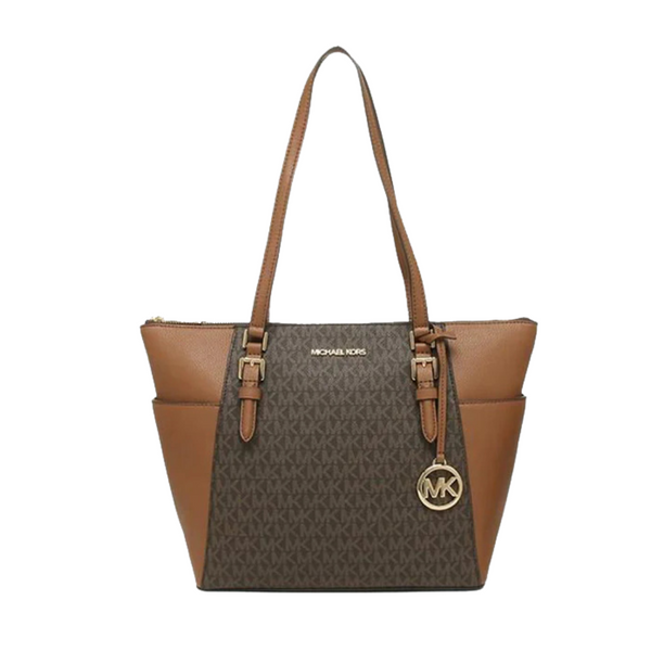 Michael Kors Charlotte Large Top-Zip Tote – Brown Monogram Canvas & Leather Trim (Style 35T0GCFT3B)