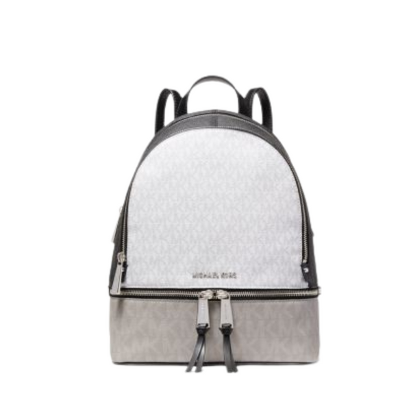 Michael Kors Rhea Zip Medium Backpack – Pearl Grey Logo Canvas & Leather