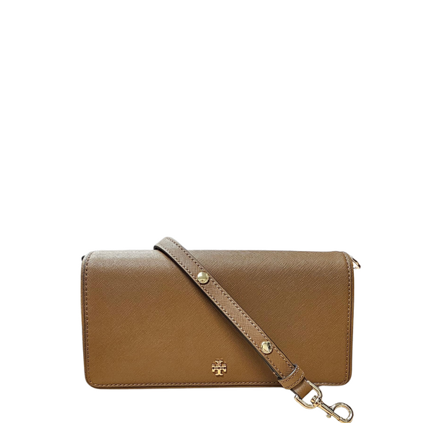 Tory Burch Emerson Convertible Clutch Crossbody – Moose Brown Pebbled Leather