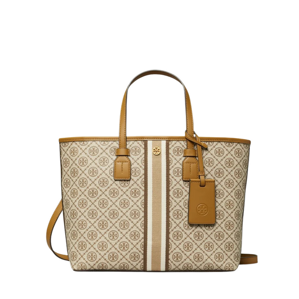 Tory Burch T‑Monogram Coated Canvas Small Zip Tote – Granola