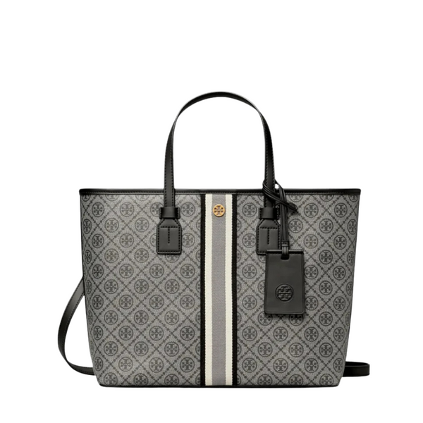 Tory Burch T‑Monogram Zip Tote – Black Coated Jacquard with Leather Trim