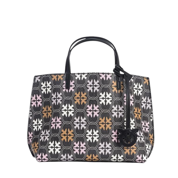 PINKO Carrie Shopper Classic Big Logo Hand Bag – Black/Multi Calf‑Skin Tote
