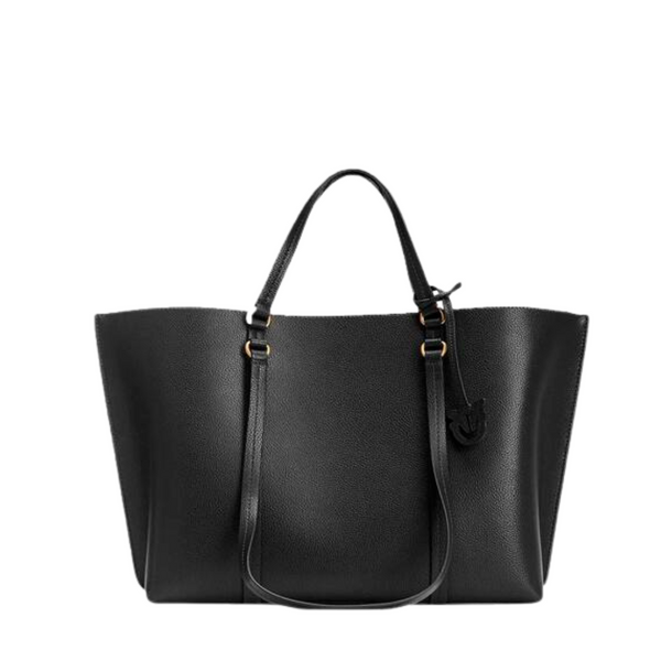 PINKO Carrie Shopper Big Hand Bag – Black Calfskin Leather Tote