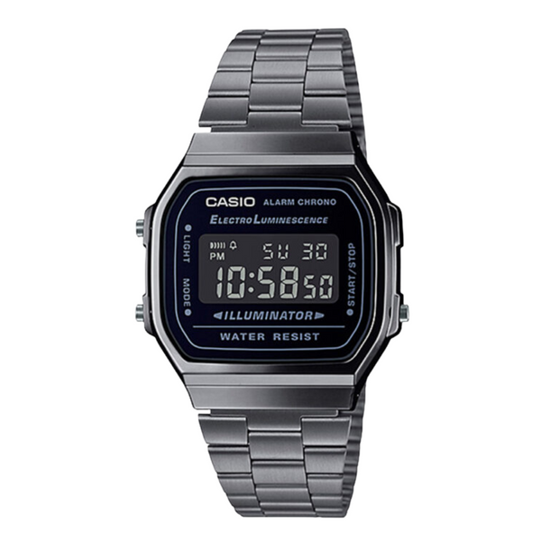 Casio Grey Ion‑Plated Stainless Steel Strap Black Digital Quartz Watch for Men & Women – A‑168WGG‑1BDF