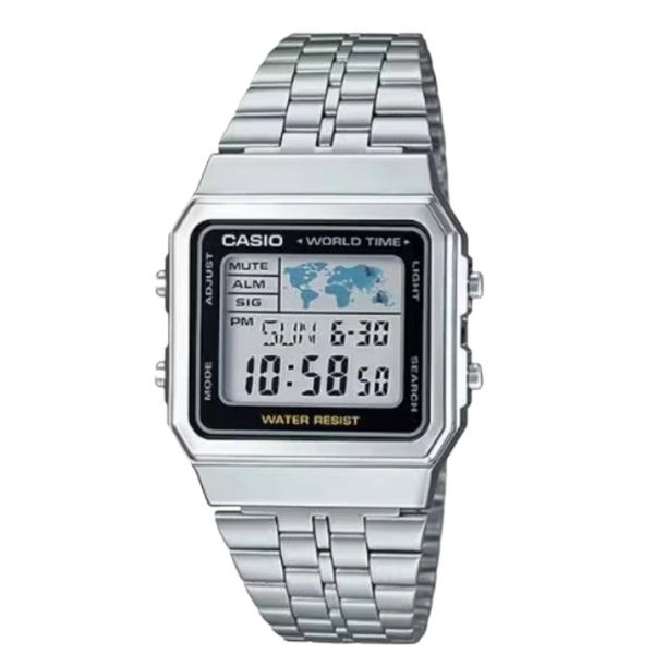 Casio Silver Stainless Steel Strap Black Digital Quartz Watch for Men – A‑500WA‑1DF