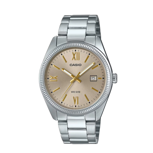 Casio Silver Ion-Plated Stainless Steel Bracelet Champagne Sunray Analog Quartz Watch for Men – MTP-1302DD-9AVDF