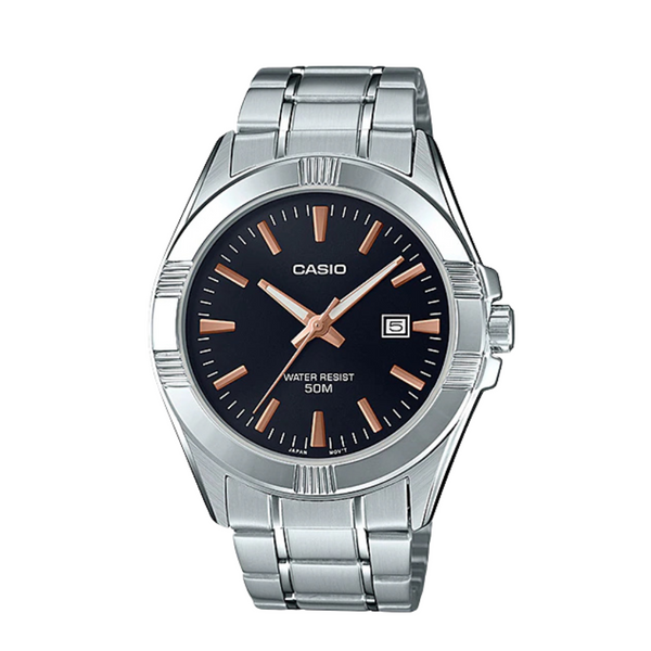 Casio Silver Stainless Steel Bracelet Black Analog Quartz Watch for Men – MTP-1308D-1A2VDF