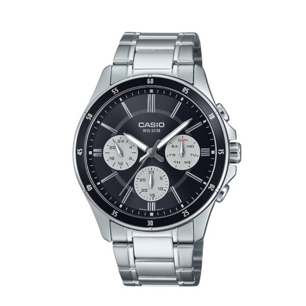 Casio Silver Stainless Steel Black Analog Dial with Blue Accents Quartz Watch for Men – MTP-1374D-1A3VDF