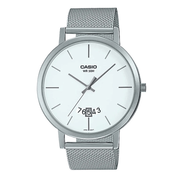Casio Silver Stainless Steel Mesh Bracelet White Dial Analog Quartz Watch for Men – MTP-B100M-7EVDF
