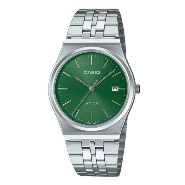Casio Silver Stainless Steel Green Dial Analog Quartz Watch for Men – MTP-B145D-3AVDF