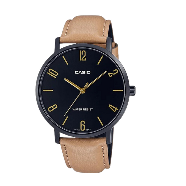 Casio Light Brown Leather Strap Black Analog Quartz Watch for Men – MTP-VT01BL-1BUDF