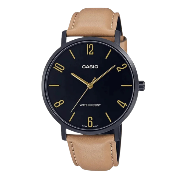 Casio Light Brown Leather Strap Black Dial Analog Quartz Watch for Men – MTP-VT01BL-1BUDF
