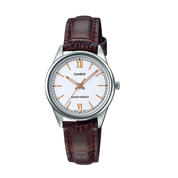 Casio Brown Leather Strap White Analog Quartz Watch for Women – LTP-V005L-7B3UDF